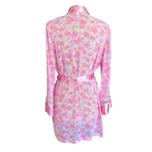 Delicates Pink Yellow Watercolor Floral Short Satin Robe Lace Trim Belted SMALL - Picture 6 of 9